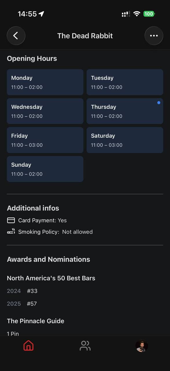 App screenshot — bar information
